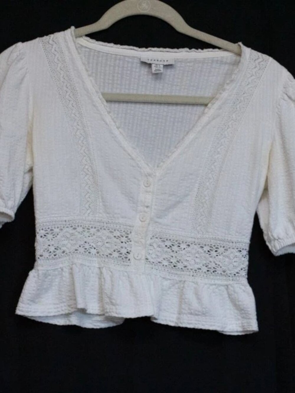 TopShop Eyelet Lace Cropped Top Cottagecore Prairie Boho Button Up V Neck Puff 2